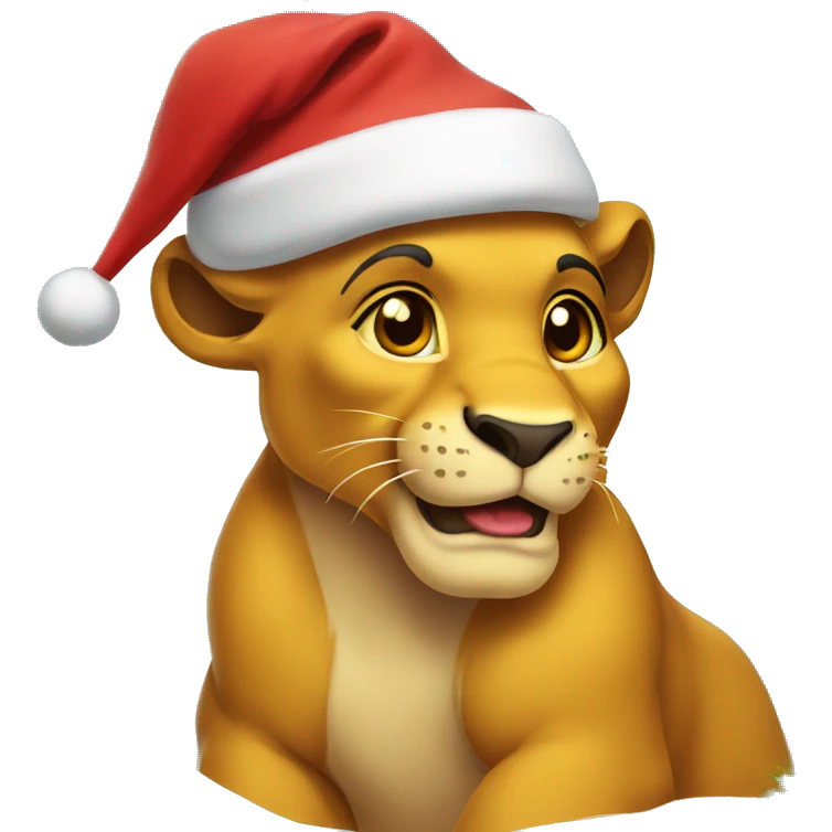 Simba with winter Santa hat infront of Christmas tree emoji
