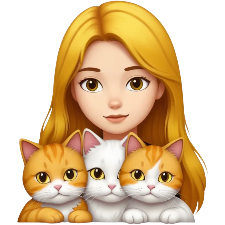 Girl with yellow and black Balayage longhair  petting her two white Garfield cat and brown Garfield cat emoji