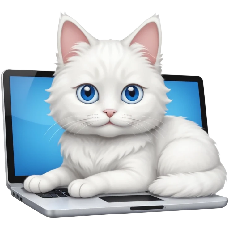 white cat lounging on a bed, looking at a computer screen emoji