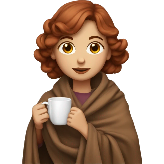 girl with reddish brown hair and brown eyes with blanket wrapped about shoulders and sipping tea emoji