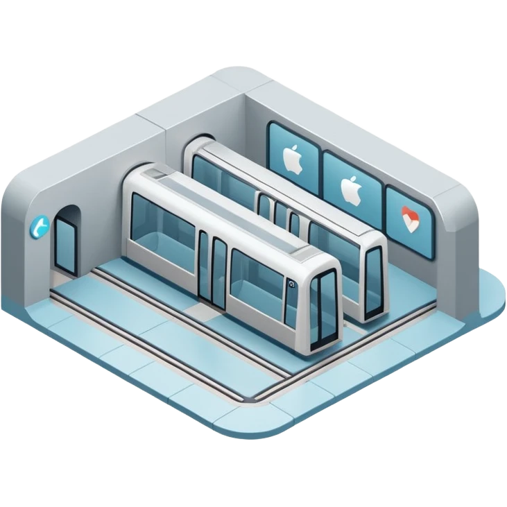 Isometric underground metro station, Apple-style minimalist 3D illustration, smooth surfaces, soft lighting, pastel blue and gray palette, clean geometry, cutaway underground view, no people, no labels, modern UI illustration. emoji