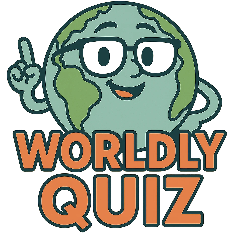 logo for 'WORLDLY QUIZ' using a globe wearing glasses, symbolizing knowledge, friendly and approachable style emoji