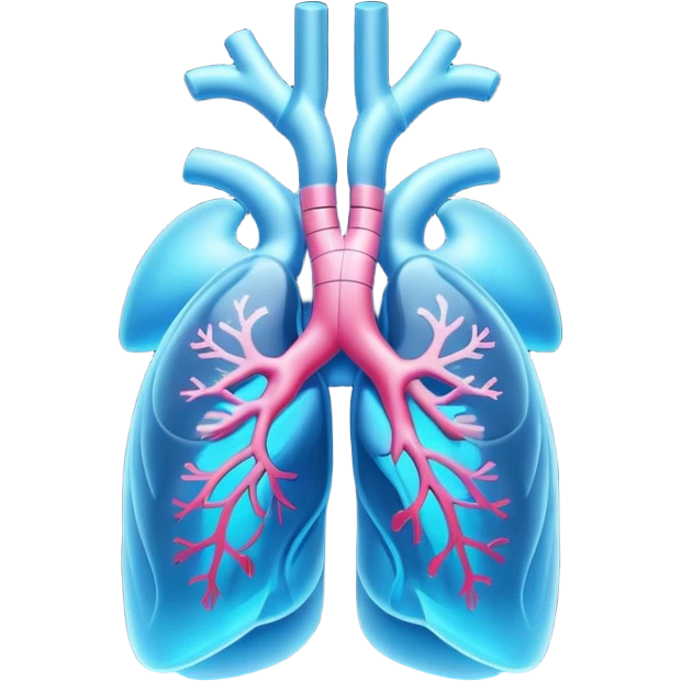A 3D cartoon glowing digital lungs hologram with heartbeat lines, blue light effects, Memoji-style. emoji