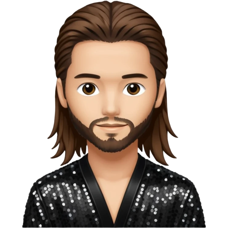 Tom Kaulitz with long brown hair, black sequin outfit  emoji