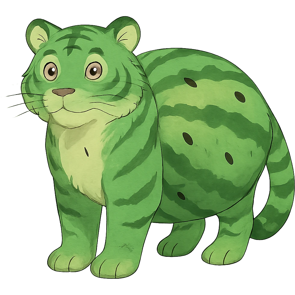 ghibli style green tiger with watermelon body emoji