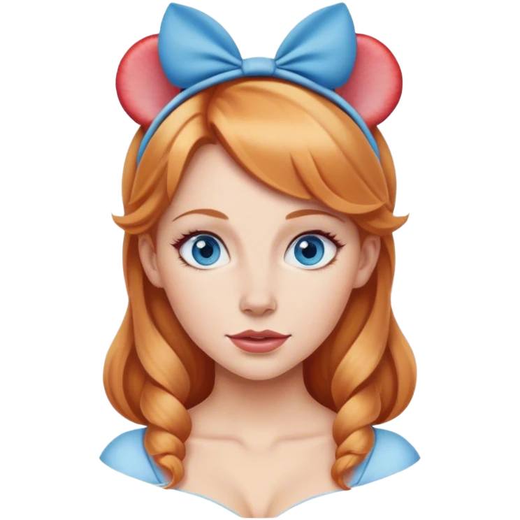 Strawberry blonde woman with blue eyes wearing round Disney ears on head emoji