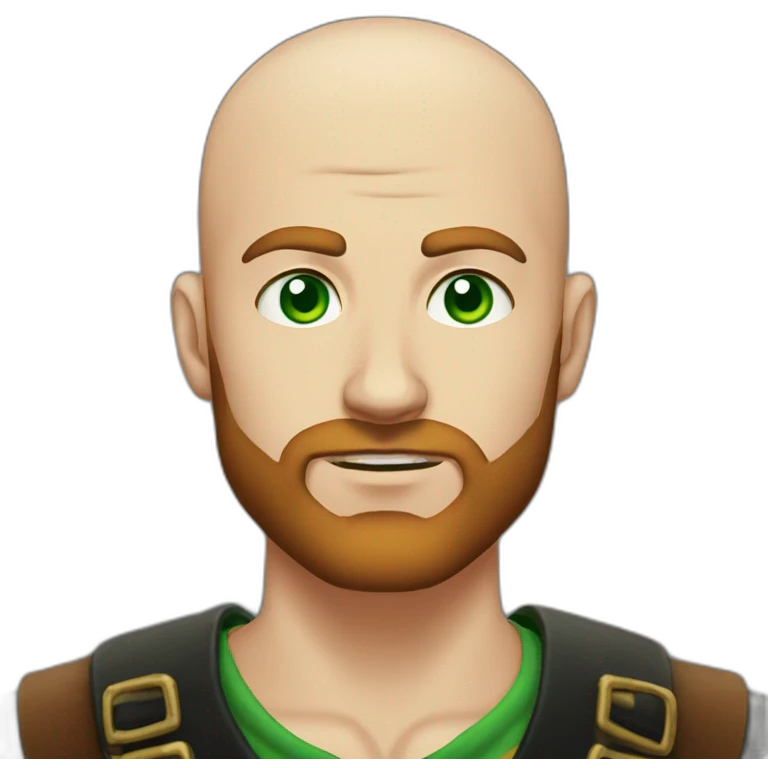pirate look, 21 years old almost bald man with 1-day chestnut beard, green eyes, looking serious emoji