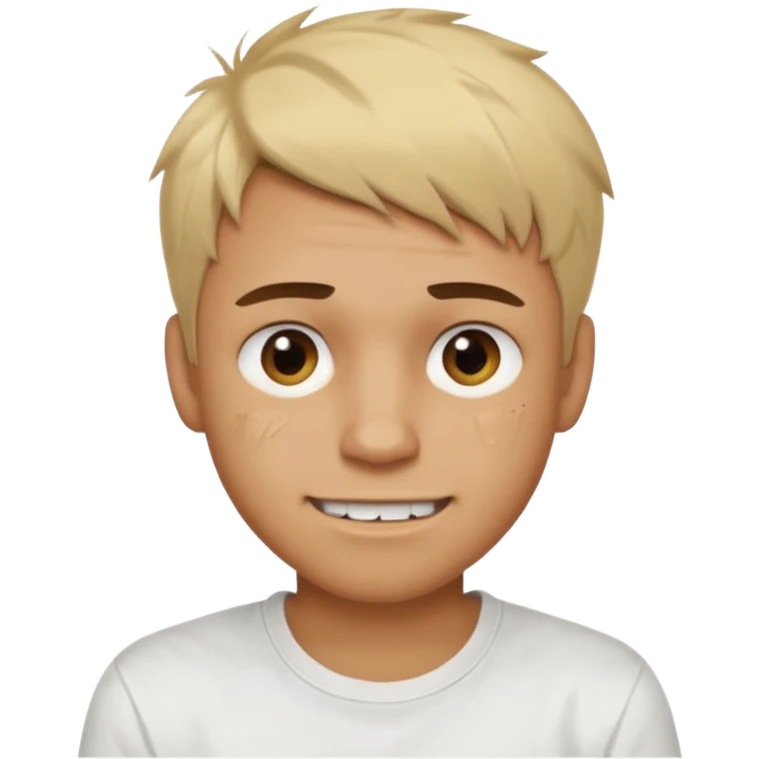 Male with short, messy blonde hair, large expressive golden-brown eyes, brown skin, subtle facial bruises and scratches, crooked smile showing slightly damaged teeth, wearing a plain white t-shirt. emoji