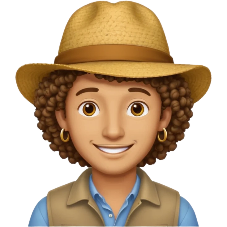 man curly hair and big earrings and and hat wearing emoji