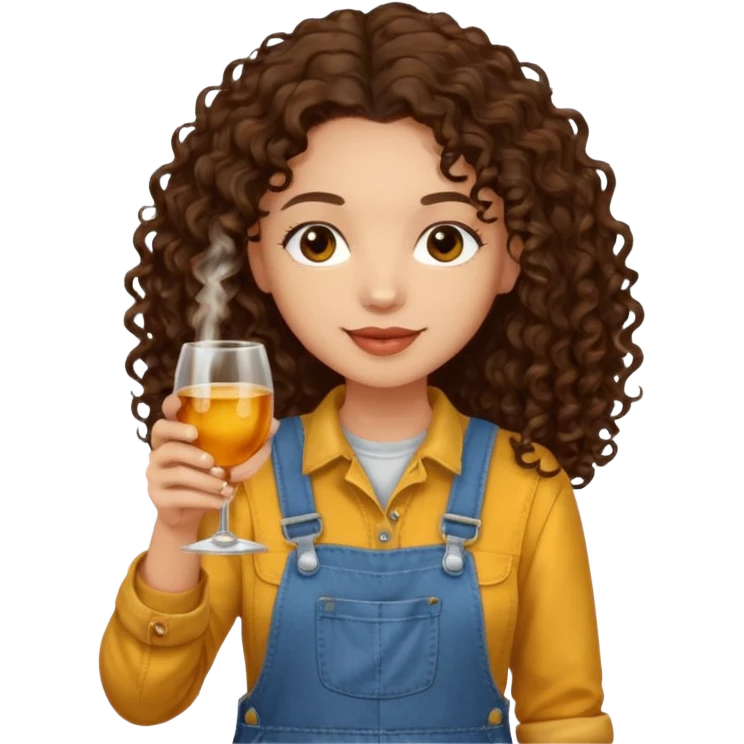 Curly haired curl with long dark brown hair and light skin in overalls toasting with alcohol  emoji