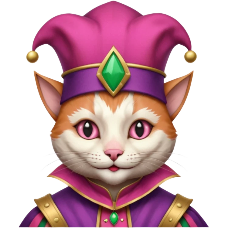 court jester cat medieval, single poker card joker clearly visible, pink, face only, court jester cap emoji