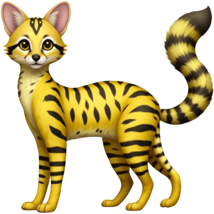 Lanky slender beautiful elegant spotted hype-realistic, black-maned, vibrant yellow Genet-Serval-Civet-fusion-hybrid-furry-fursona, full body, with a long puffy fluffy black-and-white-striped tail emoji