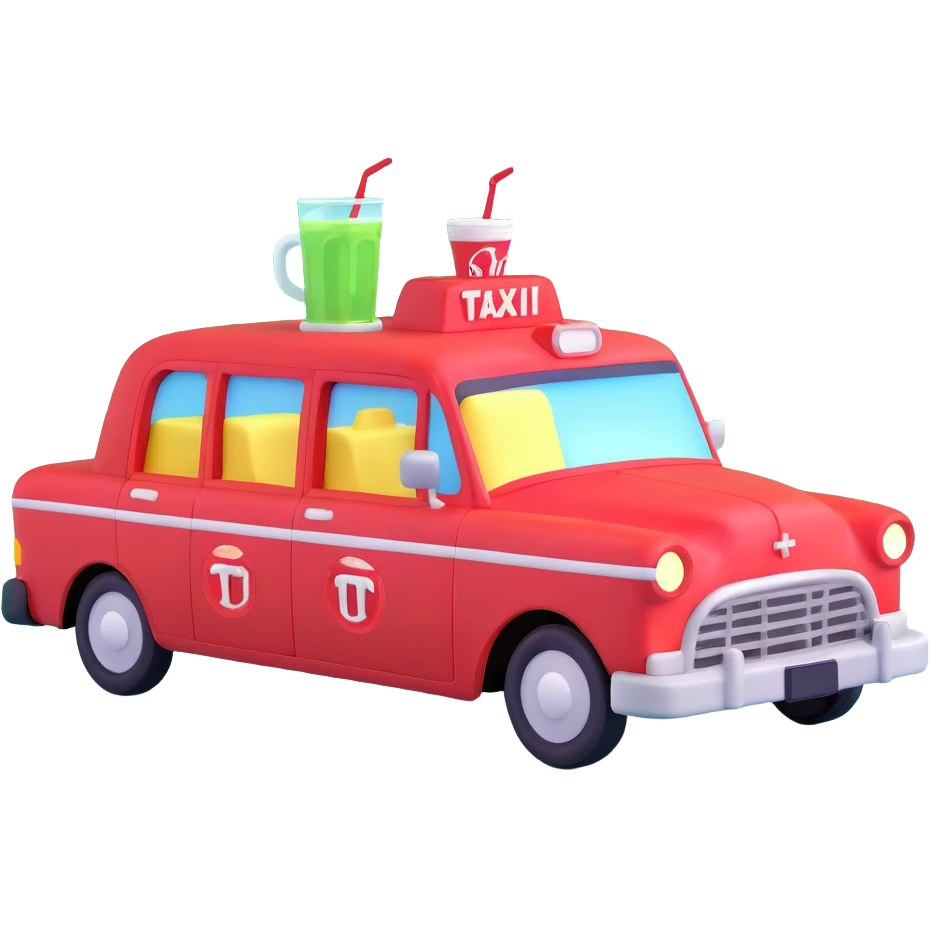 A red taxi cab with a soda fountain on top emoji