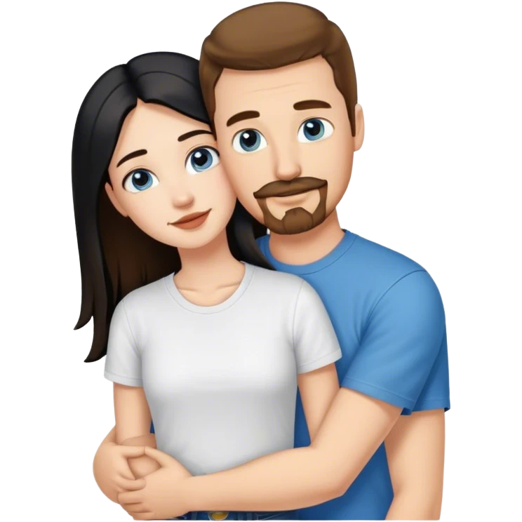 tall white guy with brown hair goatee mustache wearing t-shirt and jeans hugging a shorter white girl with long black hair emoji