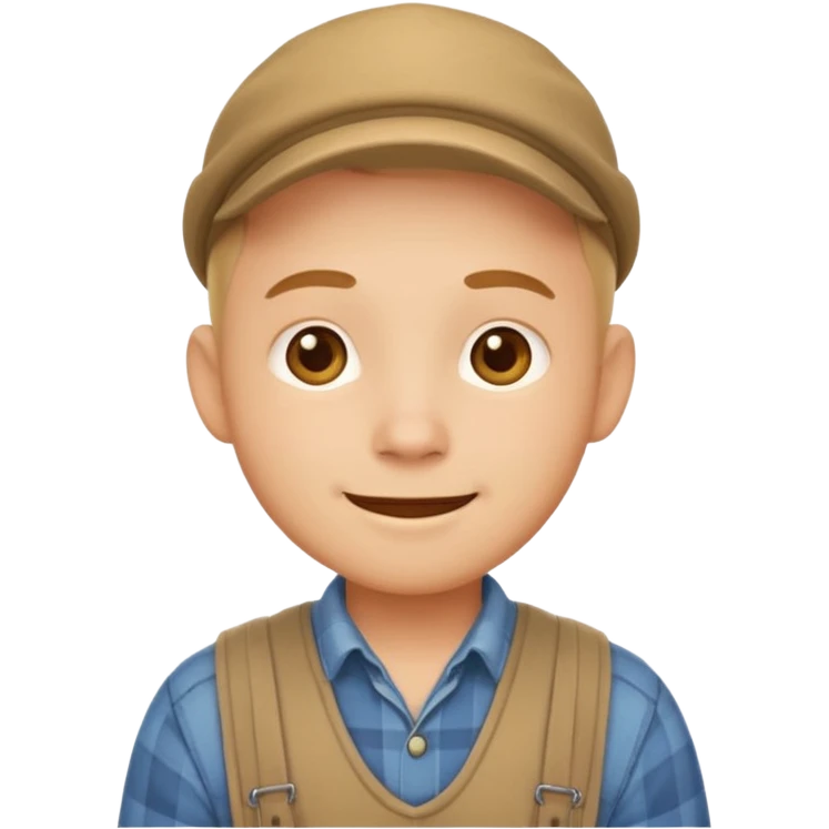 A calm, friendly male cartoon character with light skin, simple farm clothes, warm smile, stylized as a cute, readable emoji icon with soft earthy color emoji