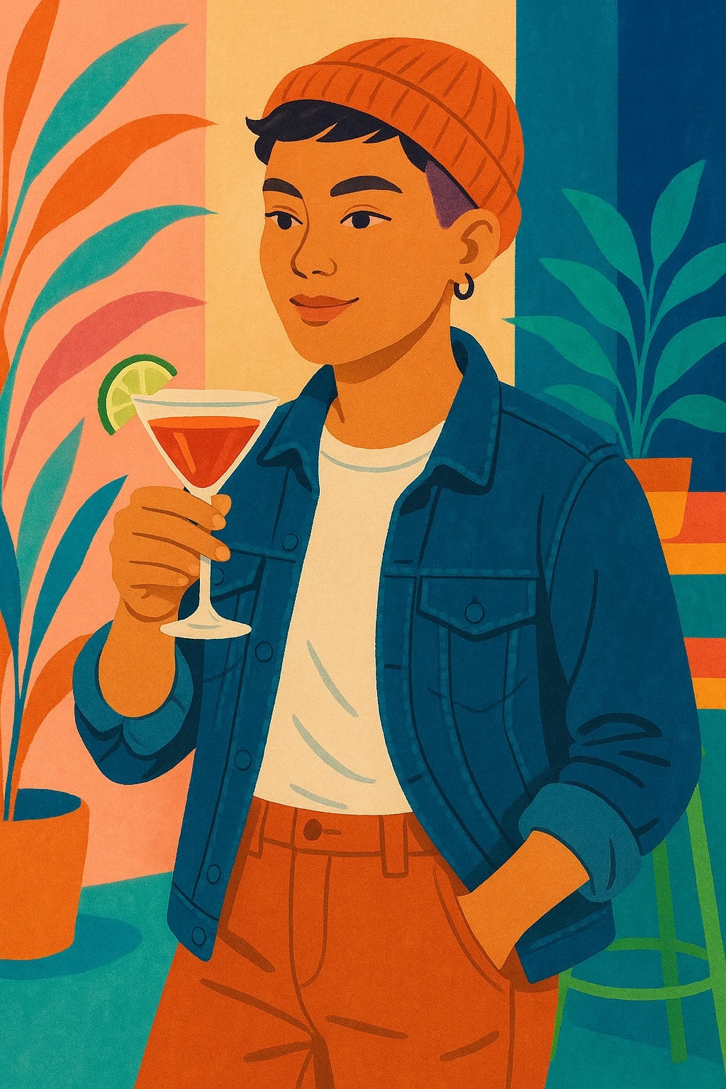 A non-binary person wearing a beanie holding a cocktail glass emoji