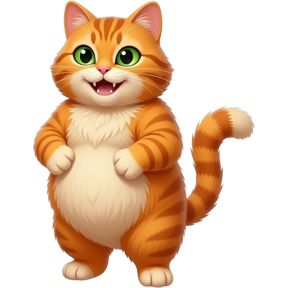 chonky orange cat with green eyes, standing on back legs, belly, smiling, devilish eyes, long haired, 3/4 view, looking at the camera, smiling, garfield-like emoji