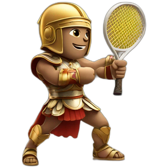 Roman gladiator with one tennis racket on right hand playing in tennis court emoji