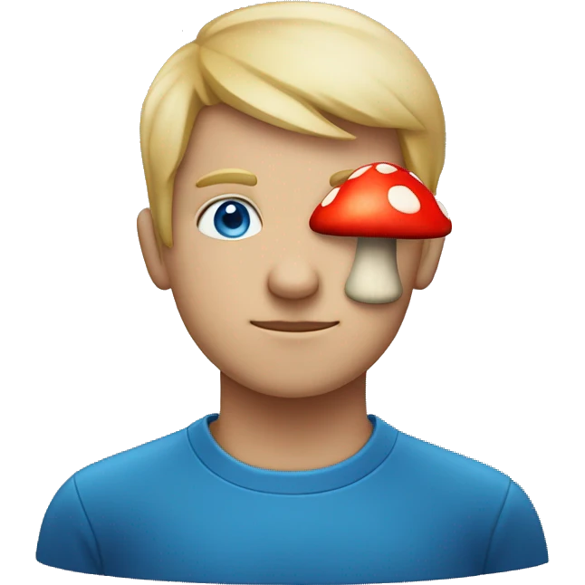 person with blue eyes and red mushroom in head emoji