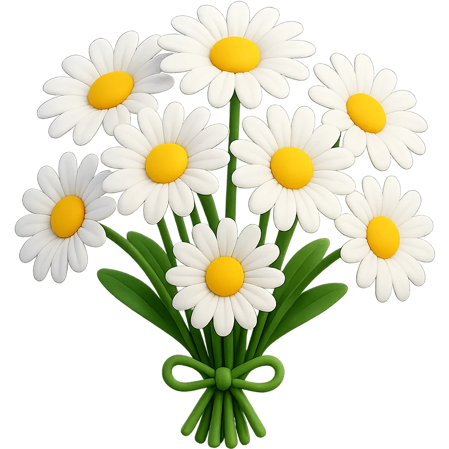 3D iOS-style bouquet of daisies, vibrant white petals, yellow centers, no background emoji
