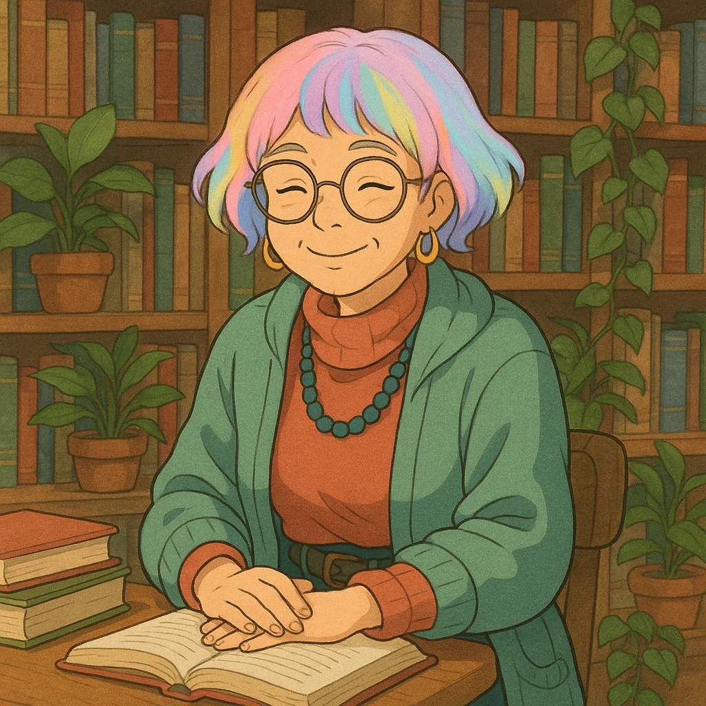 Gen Z librarian granny with pastel hair, hip clothing, surrounded by books and plants, warm expression, ghibli style emoji