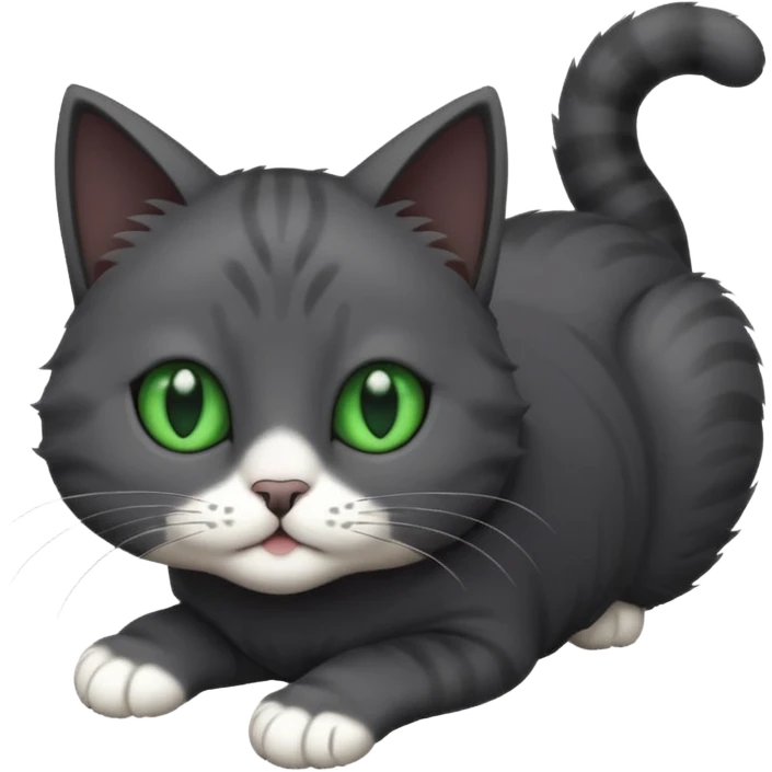 solid dark grey cat with green eyes, white toes/paws playfully rolling upside down emoji
