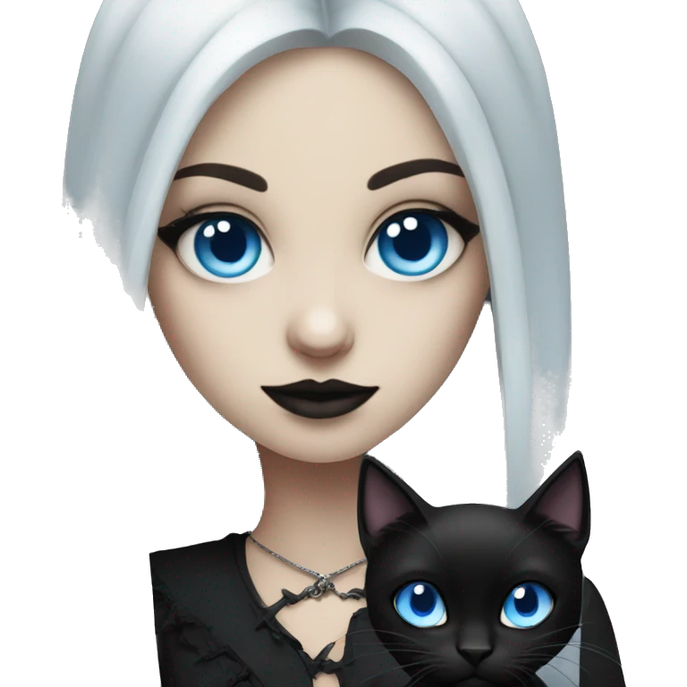 goth girl with blue eyes and black cat emoji