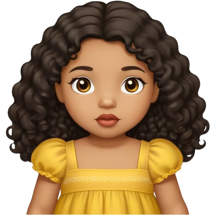 light brown skin tone, very adorable toddler, with big plump lips, long long lashes, black curly hair, middle hair parting, brown eyes, yellow dress emoji