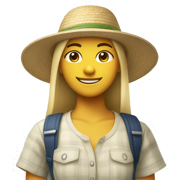 smiling girl in nature she’s wearing a Vietnamese sun hat and a shirt that says ikea emoji