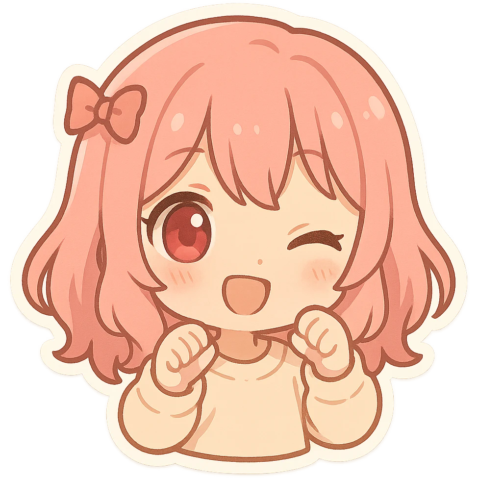 pink haired girl with red eyes, chibi cartoon style, adorable and playful emoji