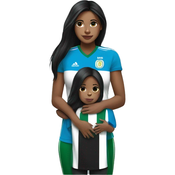 Girl with long black hair wearing a half Argentina half Nigerian jersey holding a baby  emoji
