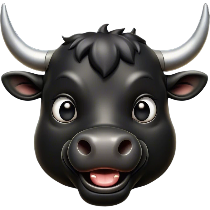 Cinematic Comical Black Bull Portrait Emoji, Head tilted dramatically with an exaggeratedly amused expression, featuring a striking, glossy black hide with a bold natural sheen, wide, expressive dark eyes filled with playful disbelief, Simplified yet hilariously expressive features, highly detailed, glowing with a slightly sassy glow, high shine, dramatic yet playful, stylized with an air of cheeky mischief, bright and endearing, soft glowing outline, capturing the essence of a spirited and over-the-top bull, so meme-worthy it feels like it could charge its way into internet fame instantly! emoji