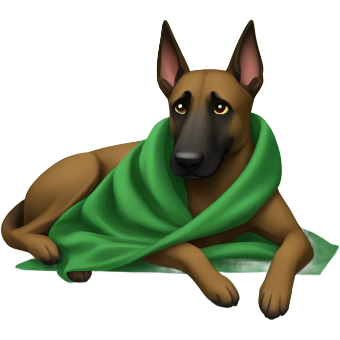 Dark Belgian malinois is sleeping with green blanket  emoji