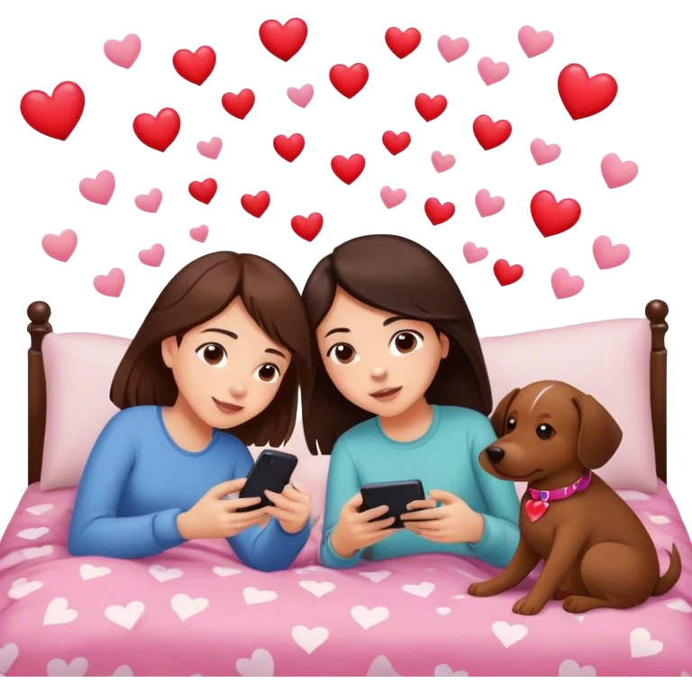 A girl with dark brown hair, layed on her bed with her dog, who who is medium brown playing on her phone with her boyfriend with her PlayStation laying beside of her heart is flying all around emoji