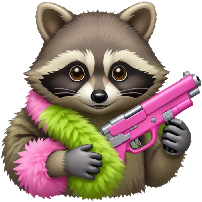 Raccoon wearing a lime green boa holding a pink gun emoji