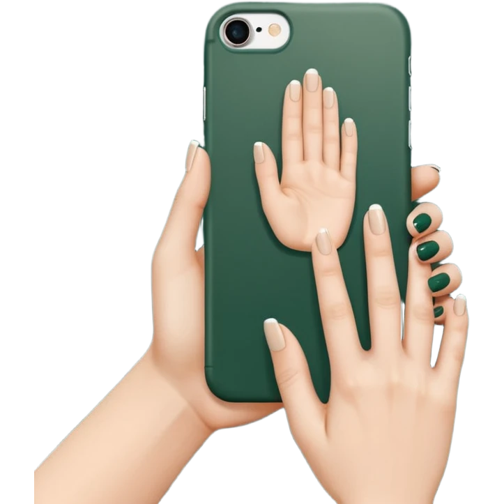 female hand with nude manicure (5 fingers) holding white iPhone in dark green case, back view, minimalism, emoji style emoji