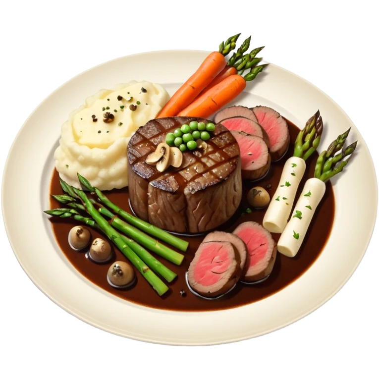 Medium rare Wagyu steak on a bed of creamy garlic mashed-potatoes, coupled with pan seared carrots mushrooms asparagus and a lovely black pepper truffle sause  emoji