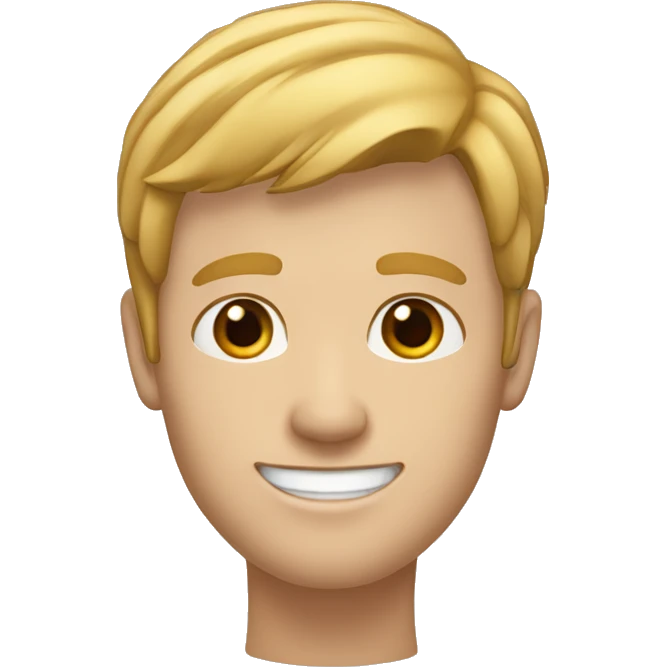 White Guy with small gap between his front teeth and a small white patch of hair on the left side near his ear. Dark blonde hair.  emoji