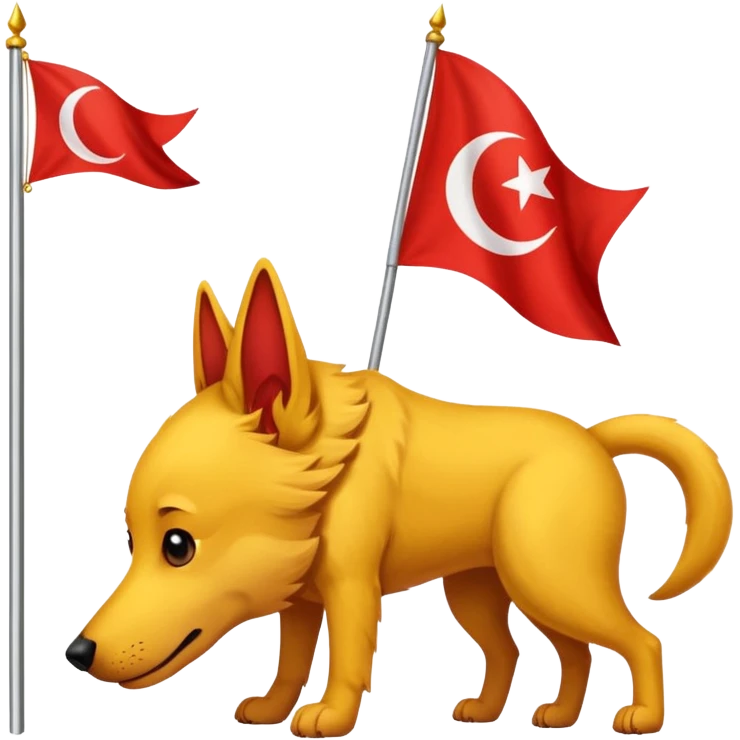 A triangular yellow flag and middle of that flag a red crescent moon within that a Red dog emoji