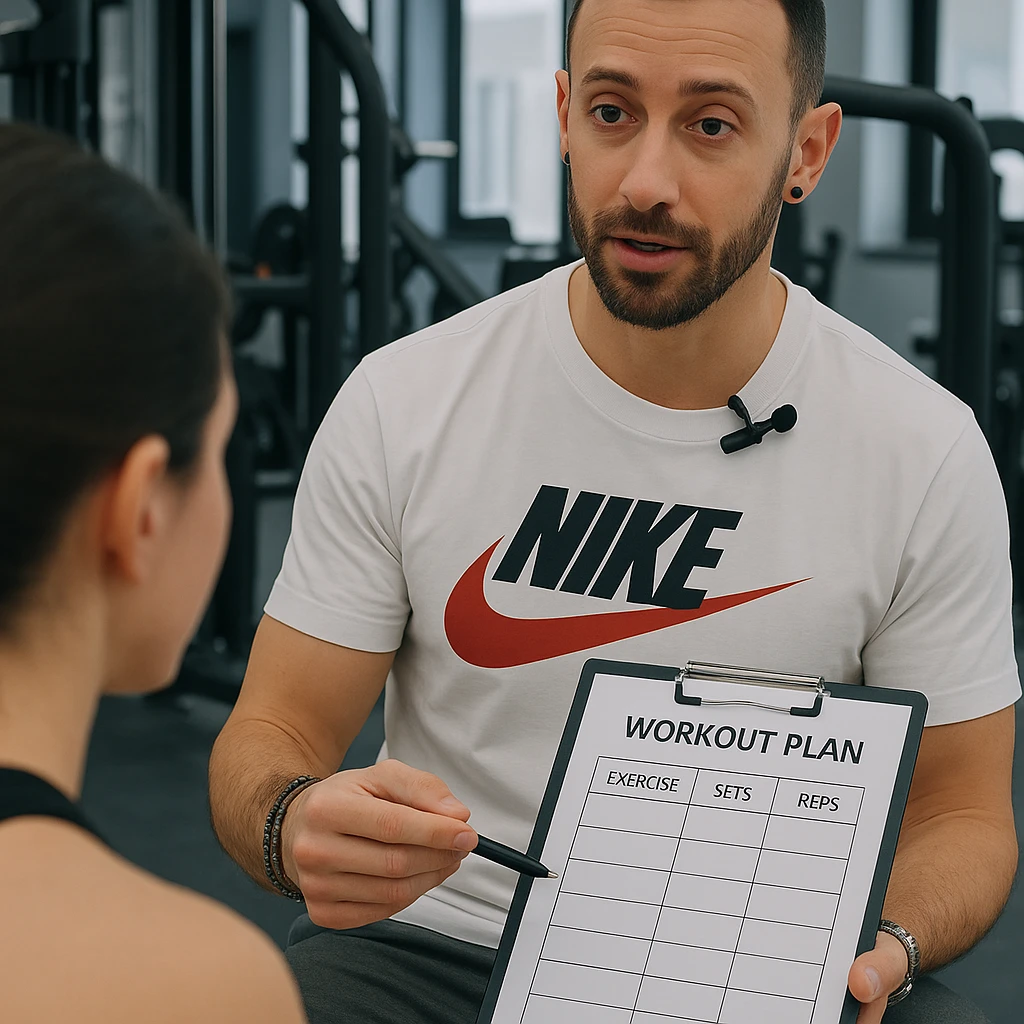 Personal trainer in a gym, inspired by the person in the reference photo, showing a workout plan to a client during a session, in a professional environment. emoji