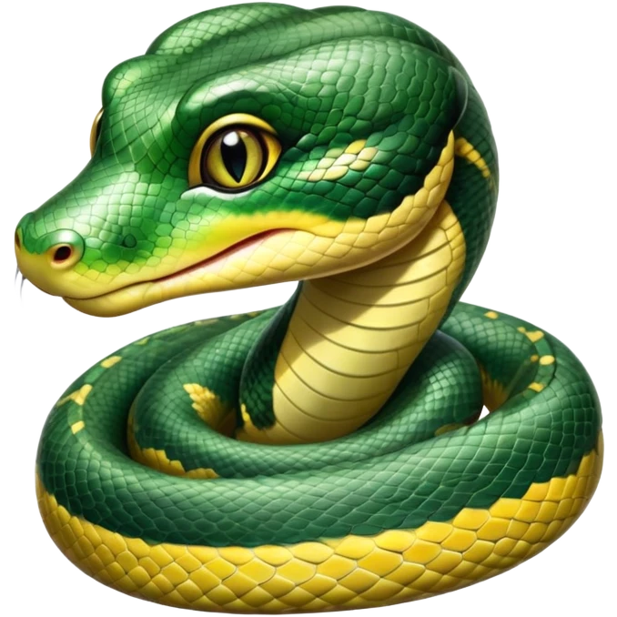 cinematic-cute-Green anaconda-portrait-emoji,-head-tilted-playfully-and-inquisitively,-with-a-sleek,-shimmering-body-adorned-with-detailed-scale-sriped patterns-and-round,-sparkling-eyes-full-of-wonder,-simplified-yet-irresistibly-adorable-features emoji