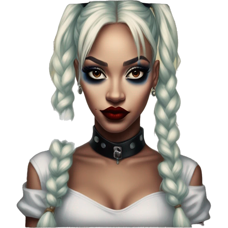 Jasmine Rihanna in Harley Quinn style, oil paint, mysterious eyes, intricate lips, masterpiece portrait, odd perspective, beautiful, desirable, logical emoji