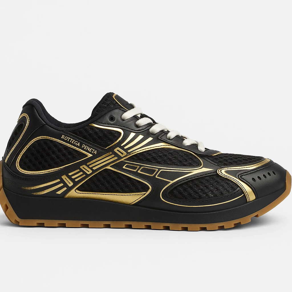 Recreate the Bottega Veneta Orbit sneaker in black with gold accents, exact design, shown at a sideways angle like the reference image, realistic style with a clean background. emoji