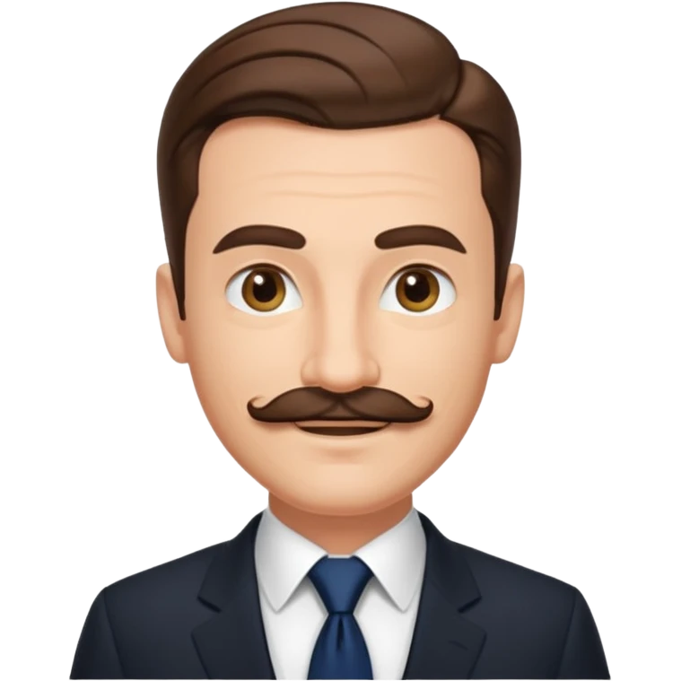 Caucasian gentleman emoji, brown slicked back hair, black suit, navy tie, mustache, smiling emoji