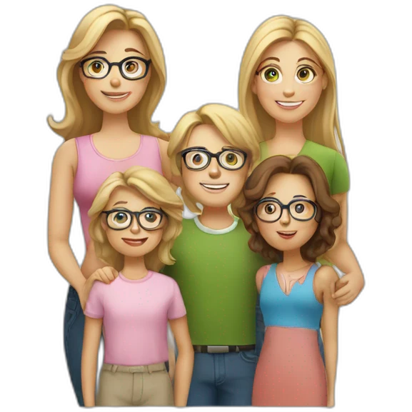 White family of 4, 1 mom with brown hair, 1 big boy with Brown hair, 2 girls with glasses and long blond hair emoji