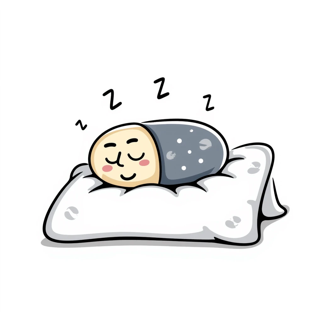 Cute sleeping pill with closed eyes and zzz sleep symbols, colorful sedative medicine capsule on a pillow, hand drawn sleep aid icon with gentle relaxing colors, sleep medicine concept emoji