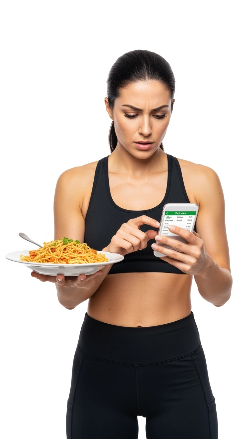 donna fitness che calcola ossessivamente le calorie di quello che sta mangiando: in mano ha un piatto di pasta e nell'altra mano ha lo smartphone per segnare tutti gli alimenti, sfondo bianco emoji