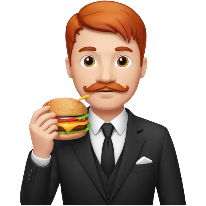 red haired with mustace male wearing suit eating hamburger emoji