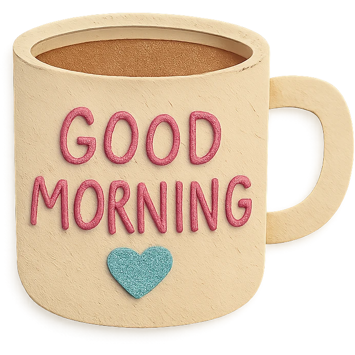 coffee cup with 'Good Morning' pastel handwritten text and heart, transparent background emoji