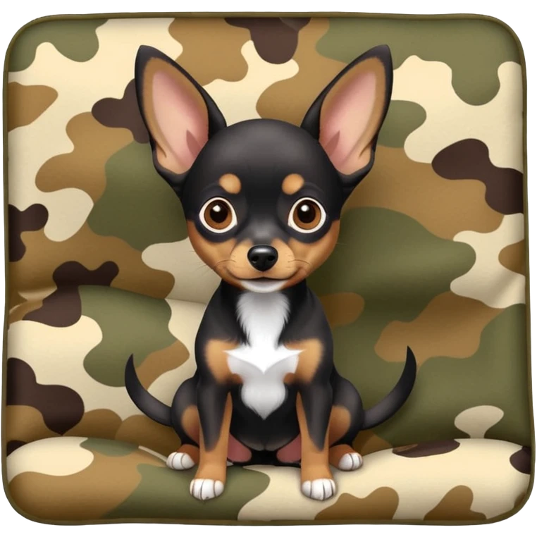 Miniature Pinscher Chihuahua mix with a dark coat lying on a camouflage blanket, big ears, playful look emoji